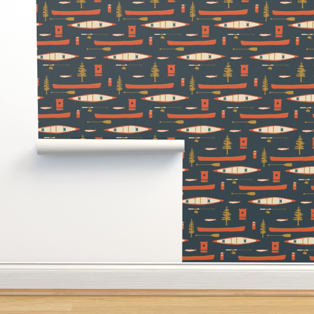Rustic Lake Life Camping Woodland Nature Fishing Oar Cabin Tree Custom Removable Wallpaper by Spoonflower Peel & Stick Wallpaper 2FT Wide